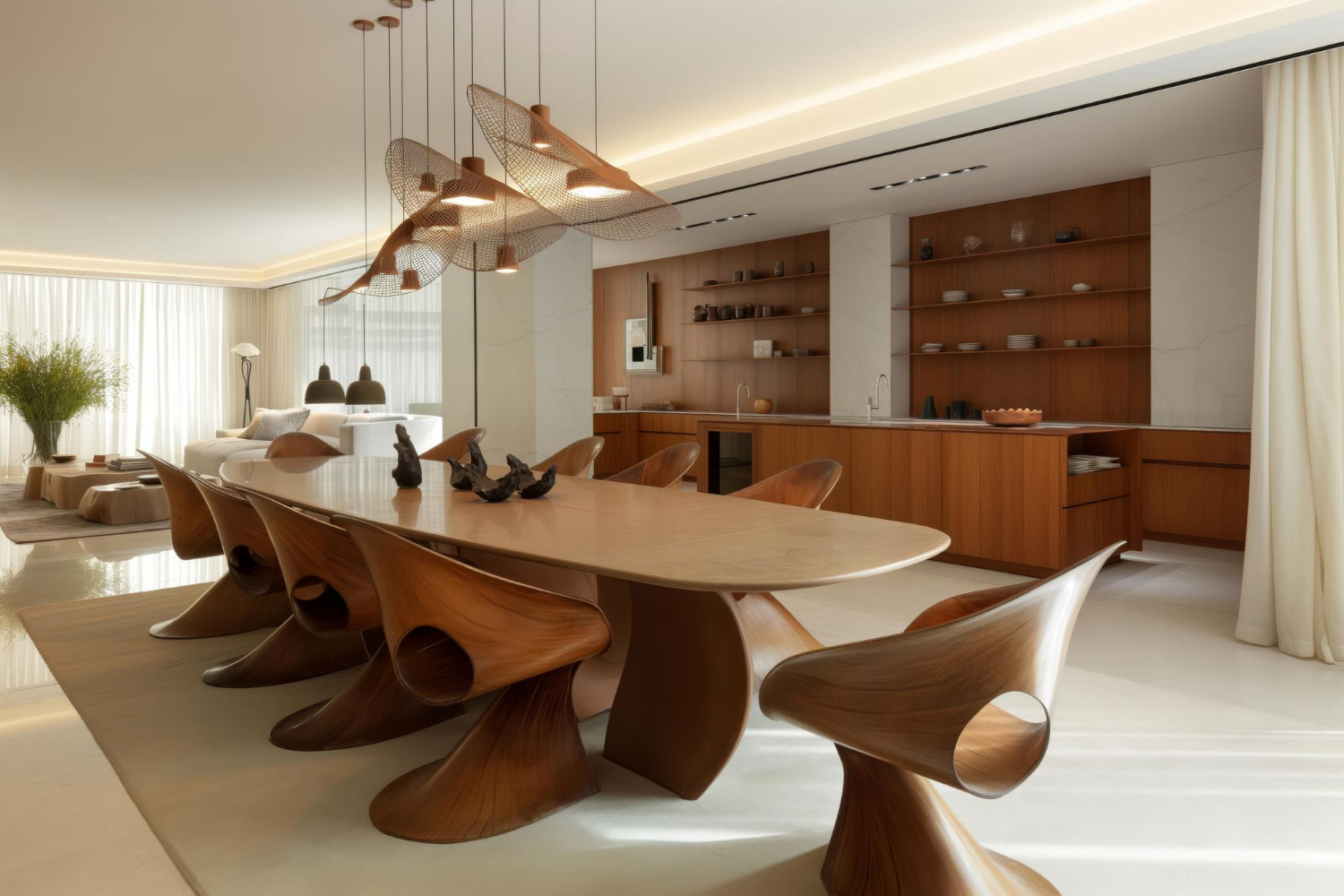 Une salle à manger élégante avec une table en bois élégante, des chaises conçues avec goût et un éclairage contemporain