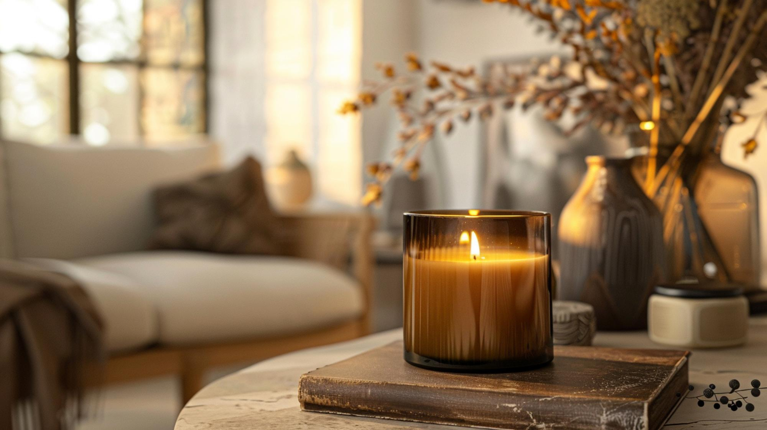 Une bougie sur une table avec un vase avec des fleurs en arrière-plan